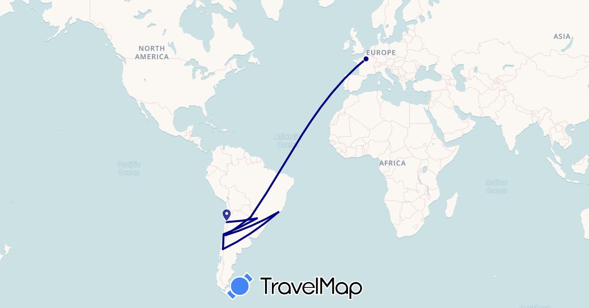 TravelMap itinerary: driving in Argentina, Brazil, Chile, France, Paraguay (Europe, South America)